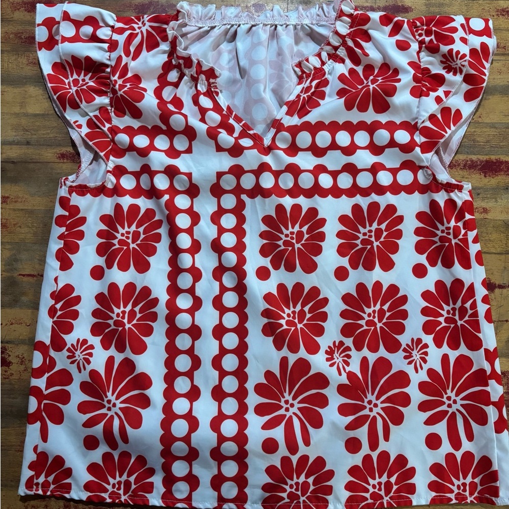 SHEIN Red and White Floral Blouse
